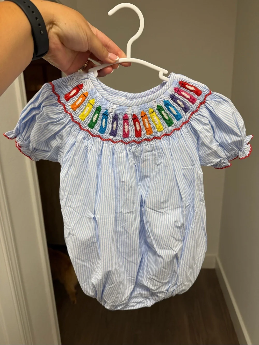 Girls Light Blue Pinstripe Bubble Romper with Rainbow Smocking